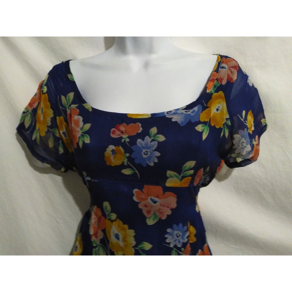 NWT Nikki Saggaro Size S Short Sleeve Blue Floral Print Scoop Neck Maxi Dress